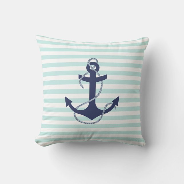 Coussin Ancre nautique de bleu marine d'Aqua et de rayures (Recto)