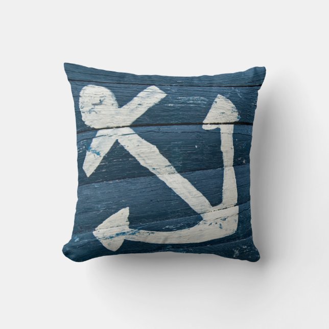 Coussin ancre nautique défraîchie sur bleu rustique (Recto)