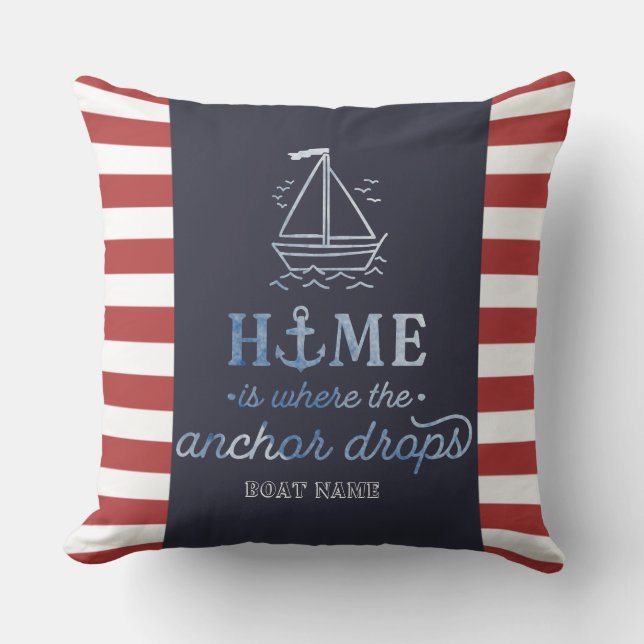 Coussin Ancre nautique Marine Bleu, Bandes rouges (Recto)