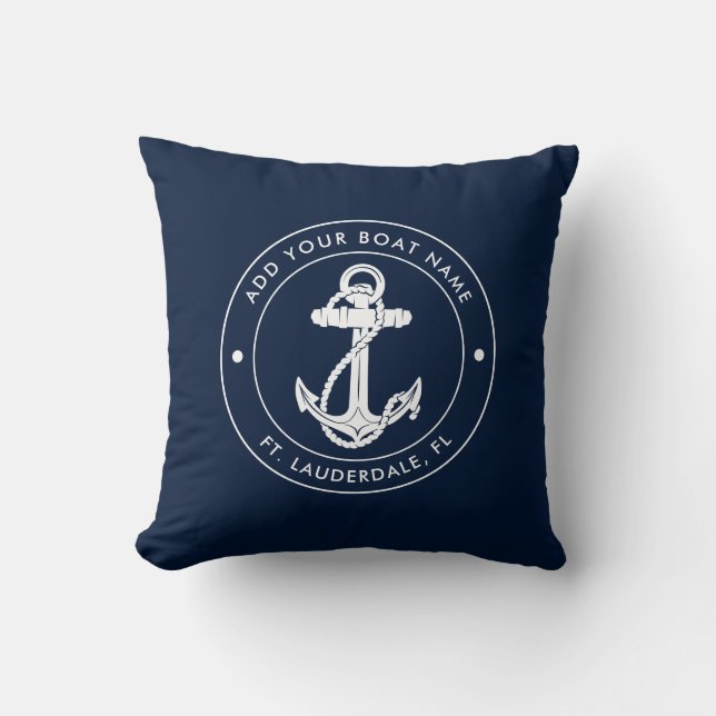 Coussin Ancre nautique Marine Blue Captain Nom du bateau P (Recto)