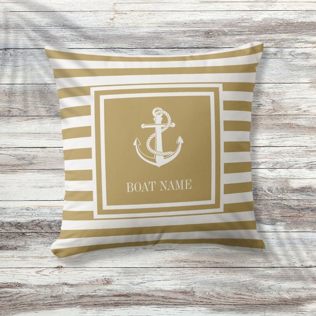 Coussin Ancre nautique Nom du bateau Gold Striped (Nautical Anchor Boat Name Gold Striped Throw Pillow)