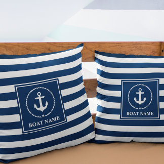 Coussin Ancre nautique Nom du bateau Marine Blue Striped