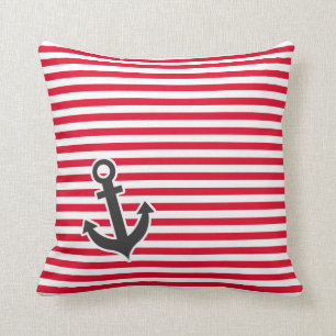 Coussin Ancre Nautique; Rayures rouges Cadmium; Rayures