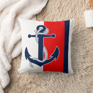 Coussin Ancre Nautique Sur Rouge Blanc Bleu Bleu Bleu Moti