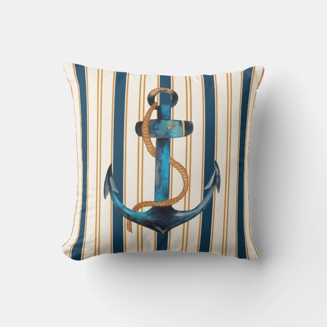 Coussin Ancre nautique Turquoise Gold Stripe Beach (Recto)