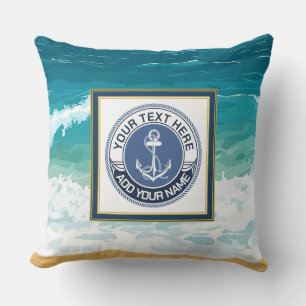 Coussin Ancre nautique vague océanique nom personnalisé