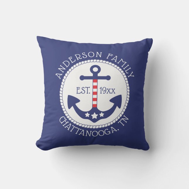 Coussin Ancre patriotique nautique Nom de famille (Recto)