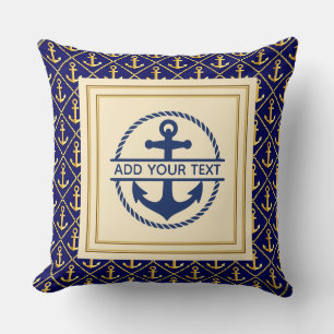 Coussin Ancre personnalisée bleu marine et or Nautical Nav