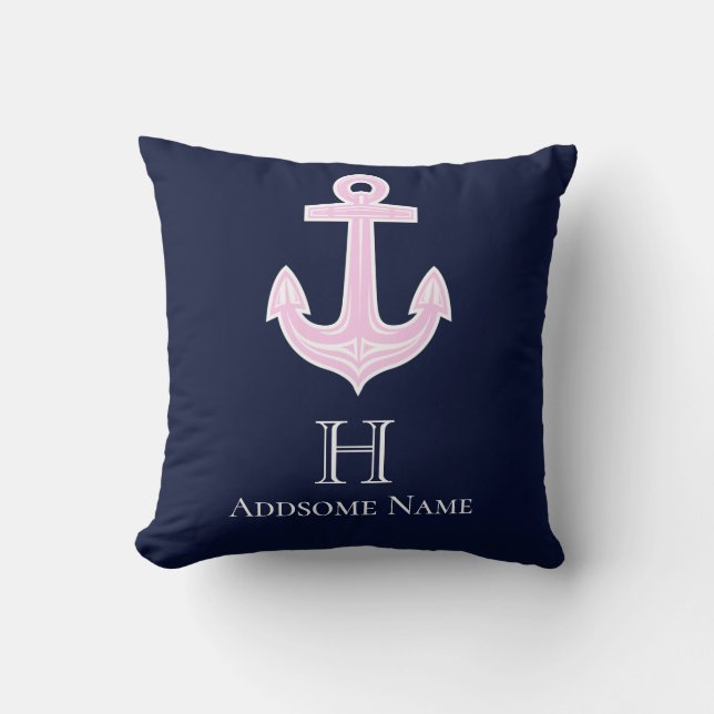 Coussin Ancre rose marine Monogramme côtière (Recto)