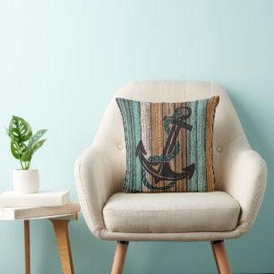 Coussin Ancre Sur Antique Patiné Plaques en bois Motif