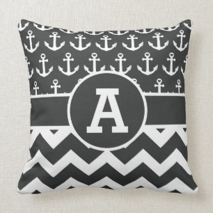Coussin Ancres blanches noires nautiques personnalisées d
