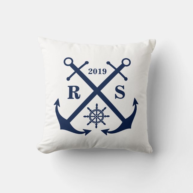 Coussin Ancres bleu et blanc Monogramme Nautique (Recto)