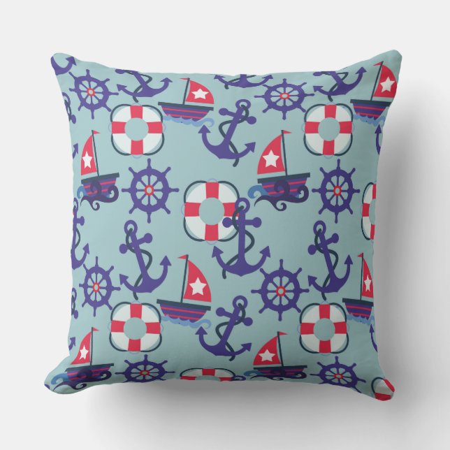 Coussin Ancres et voiliers | Bleu et rouge nautique (Recto)