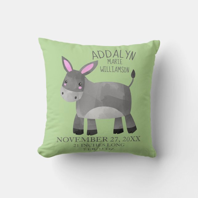 Coussin Âne gris fantaisiste Vert Nom de l'enfant Date de  (Recto)