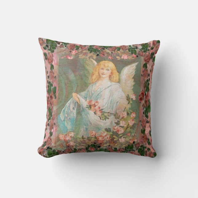 Coussin Ange gardien avec les roses roses (Recto)