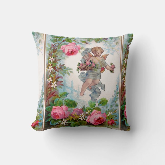 COUSSIN ANGE ROMANTIQUE RASSEMBLANT ROSES ET FLEURS ROSES  (Recto)