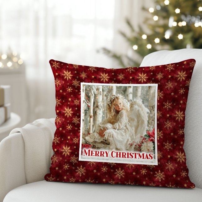 Coussin Angelic Angel Poinsettia Red Gold Festive Christma (Angelic Angel Poinsettia Red Gold Festive Christmas Pillow)