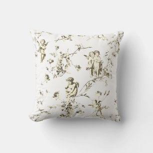 Coussin Anges Cupidons Élégants Floral Toile Beige Blanc