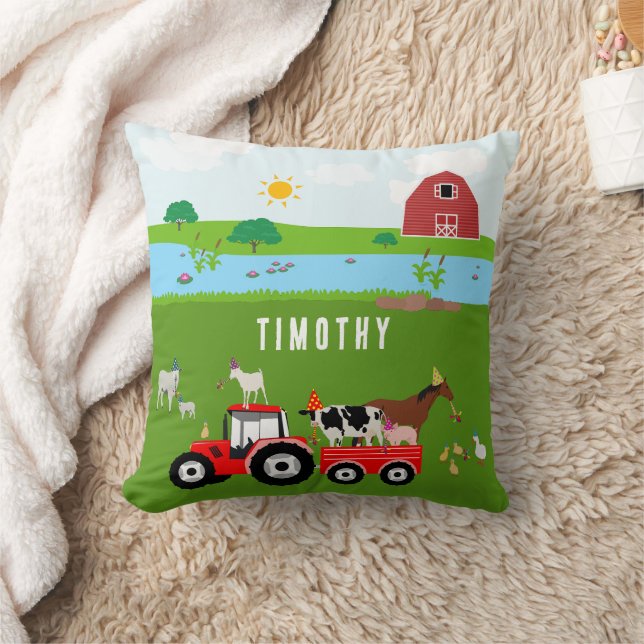 Coussin Animaux de ferme et tracteur rouge Thème de fête d (Couverture)