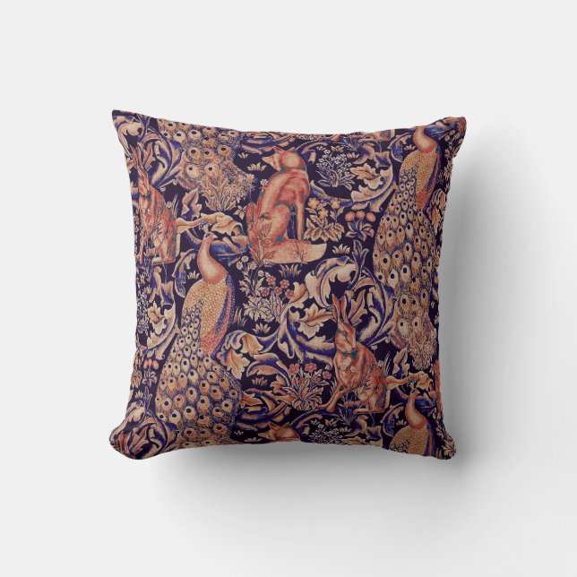 COUSSIN ANIMAUX FORESTIERS, FOX, PEACOCK, HARE ROSE BLEU F (Recto)