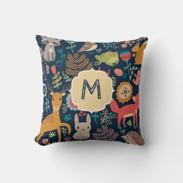 Coussin Animaux forestiers Monogramme bleu de la marine fo (Recto)
