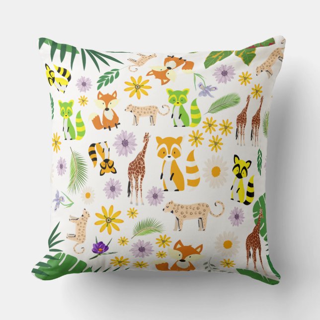 Coussin Animaux mignons Safari nurserie zoo jungle blanc v (Recto)