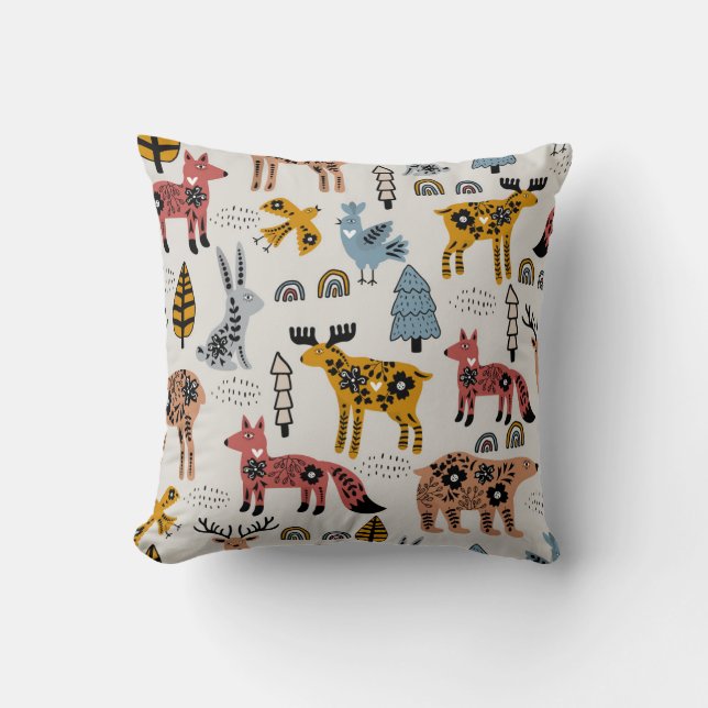 Coussin Animaux scandinaves, floral, motif mignon. (Recto)