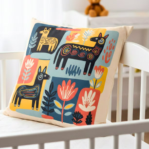 Coussin Animaux Tribaux Fantaisistes Art Populaire Floral