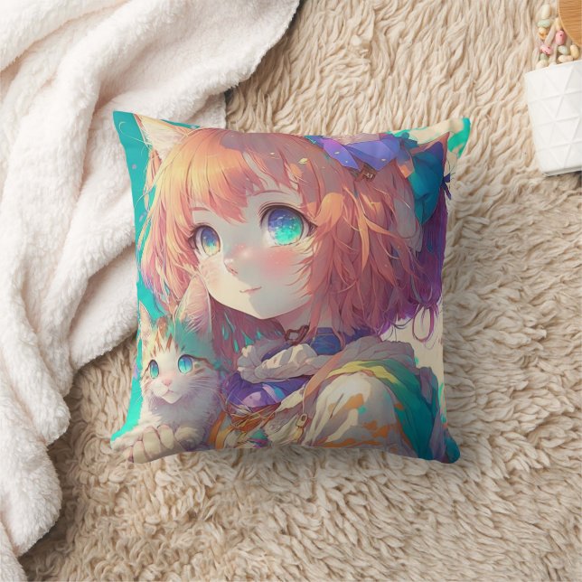 Coussin Anime Girl Holding an Adorable Kitten (Couverture)