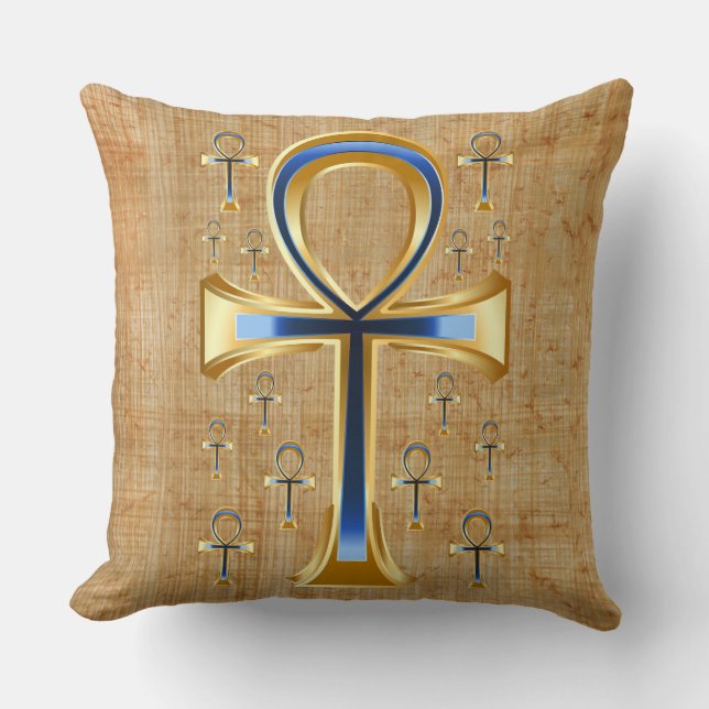 Coussin Ankh égyptien - Design or et bleu (Recto)