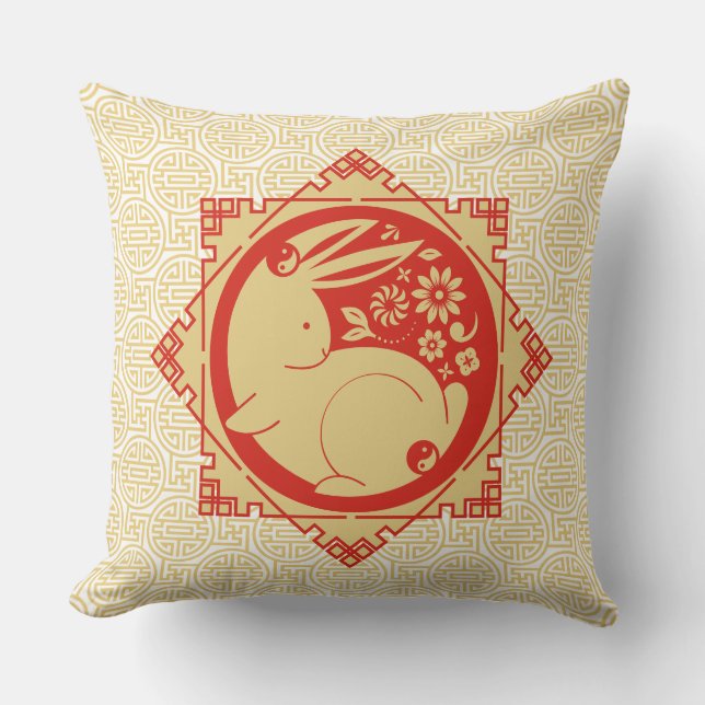Coussin Année du lapin Mantras chinois Nouvel An Jaune (Recto)
