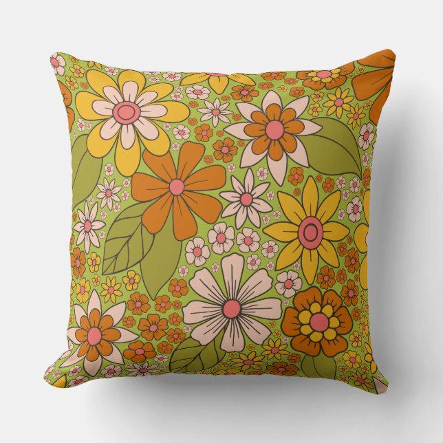 Coussin Années 1960, 1970 Vert & Orange Retro Floral (Recto)