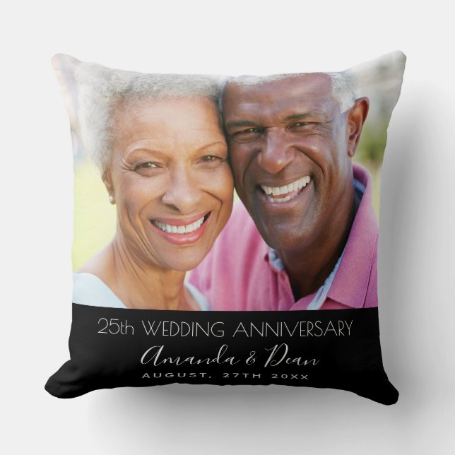 Coussin anniversaire de mariage 25 ans photo noir moderne (Recto)