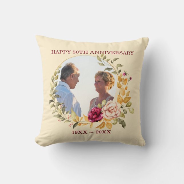 Coussin Anniversaire du cadre floral photo personnalisé (Recto)