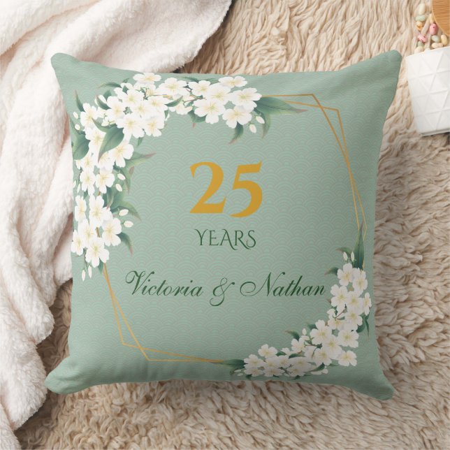 Coussin Anniversaire du Mariage du cadre d'or vert blanc (Couverture)
