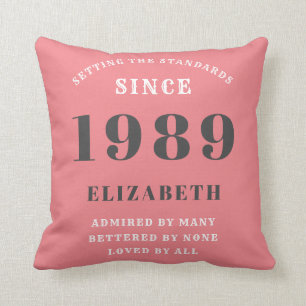 Coussin Anniversaire Né en 1989 Ajouter Votre Nom Pink Sta