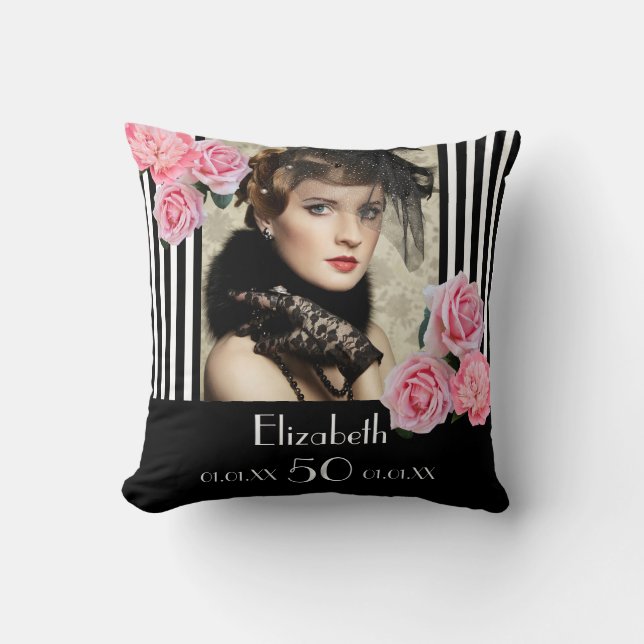 Coussin Anniversaire noir rayures photo rose nom floral (Recto)