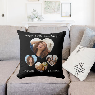 Coussin Anniversaire nom âge photo coeur collage femme noi