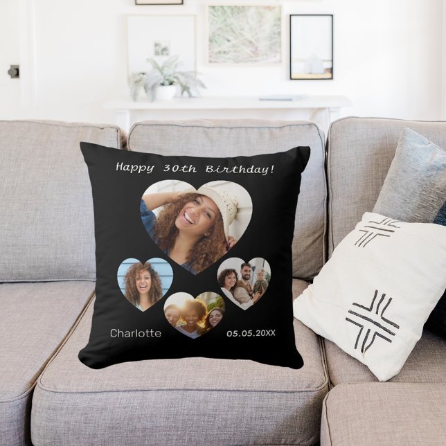 Coussin Anniversaire nom âge photo coeur collage femme noi (Créateur téléchargé)