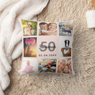 Coussin Anniversaire personnalisé photo collage rose or ro