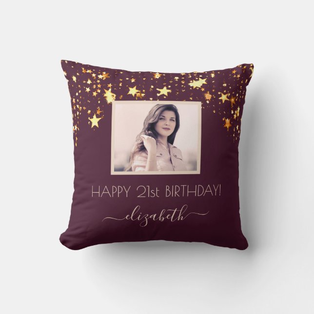 Coussin Anniversaire photo personnalisée bordeaux or étoil (Recto)
