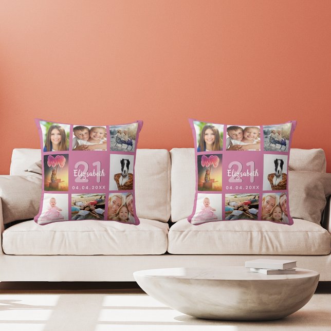 Coussin Anniversaire rose foncé photo collage femme (Créateur téléchargé)