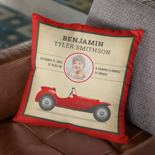 Coussin Annonce de naissance de bébé voiture de course rou