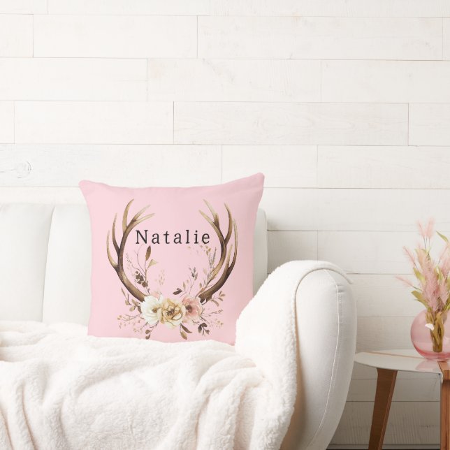 Coussin Antlers de cerfs de fleurs roses Personnalisés (Canapé)