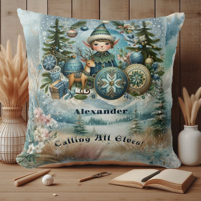 Coussin Appel à tous les elfes Arbre de Noël Ornement Neig (Calling All Elves Christmas Tree Ornaments Snow Throw Pillow)