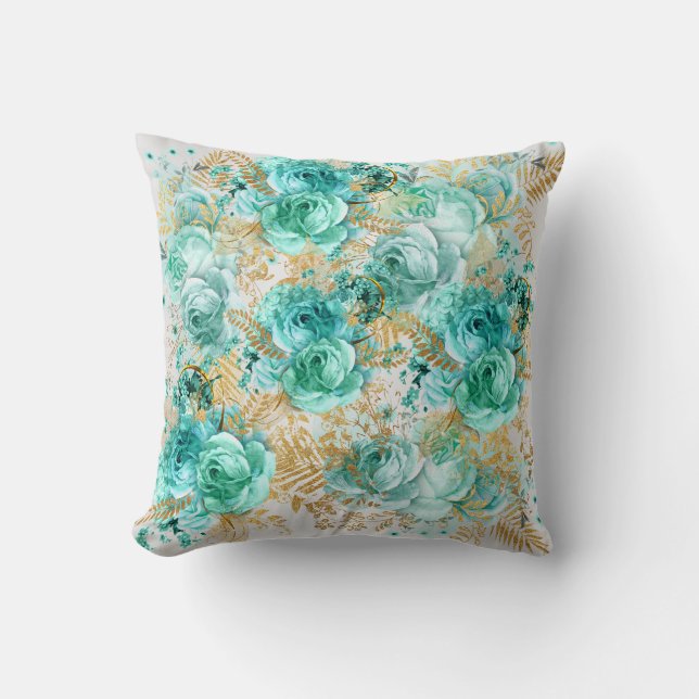 Coussin aqua à fleurs élégant or hampton côtier (Recto)