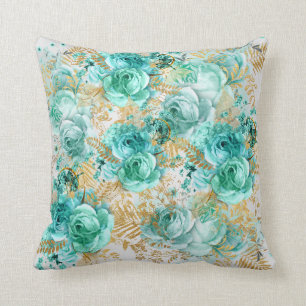Coussin aqua à fleurs élégant or hampton côtier