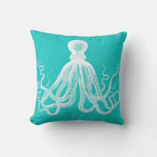 Coussin Aqua à l'aspect Burlap Octopus blanc