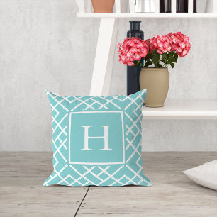 Coussin Aqua and White Geometric Bamboo Lattice Monogram