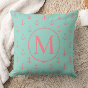 Coussin Aqua Avec Ancres Rose Corail Monogramme